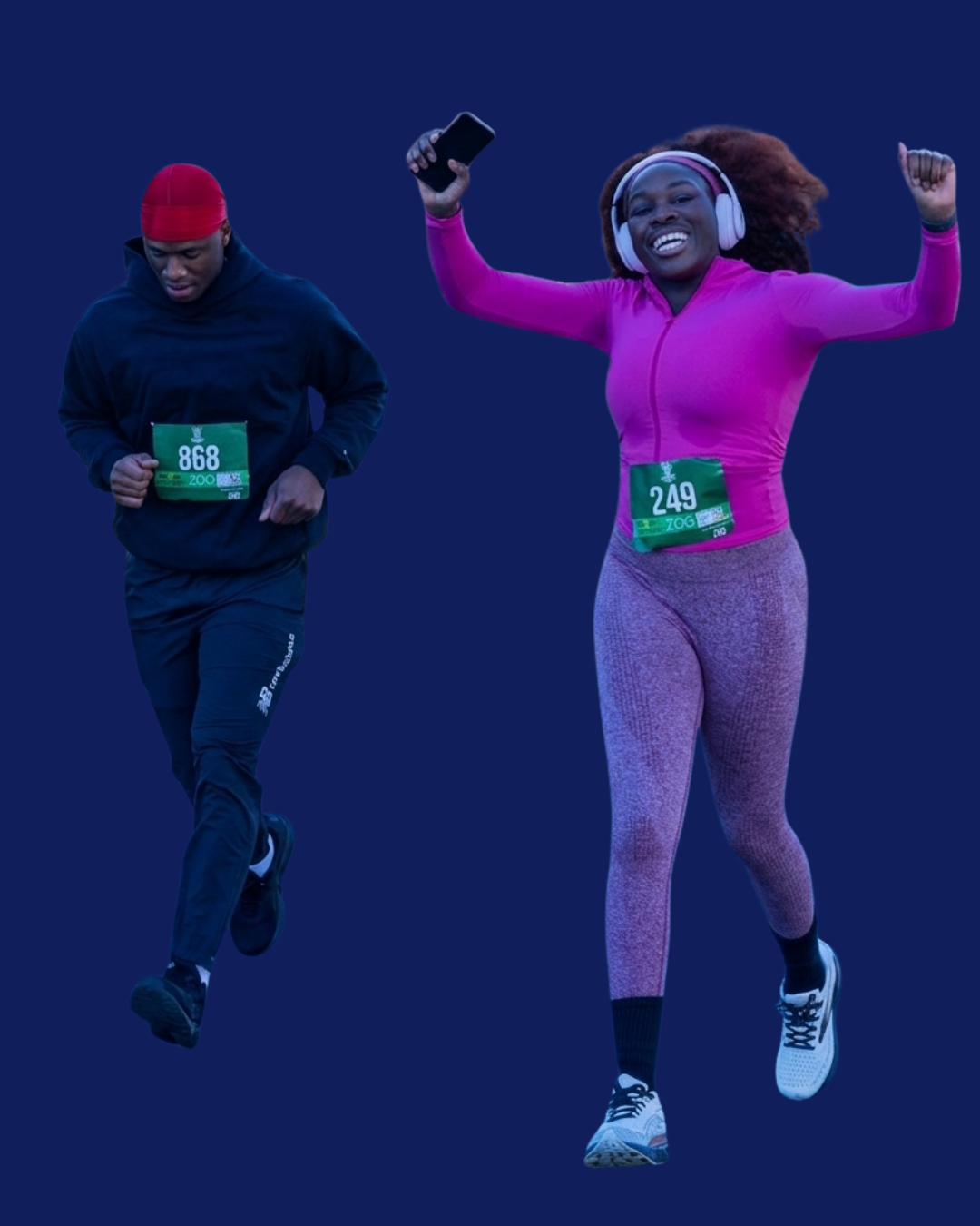 Two diverse runners celebrating during a 5K race in Philadelphia